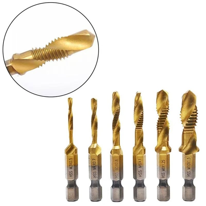 EMSTAR 6 PCS Combination Drill and Tap Set, Professional HSS Titanium Thread Tap Drill Bit Set in SAE 6-32NC 8-32NC 10-32NC 10-24NC 12-24NC 1/4-20NC, Quick Change Screw Tapping with 1/4”Hex Shank - Image 5